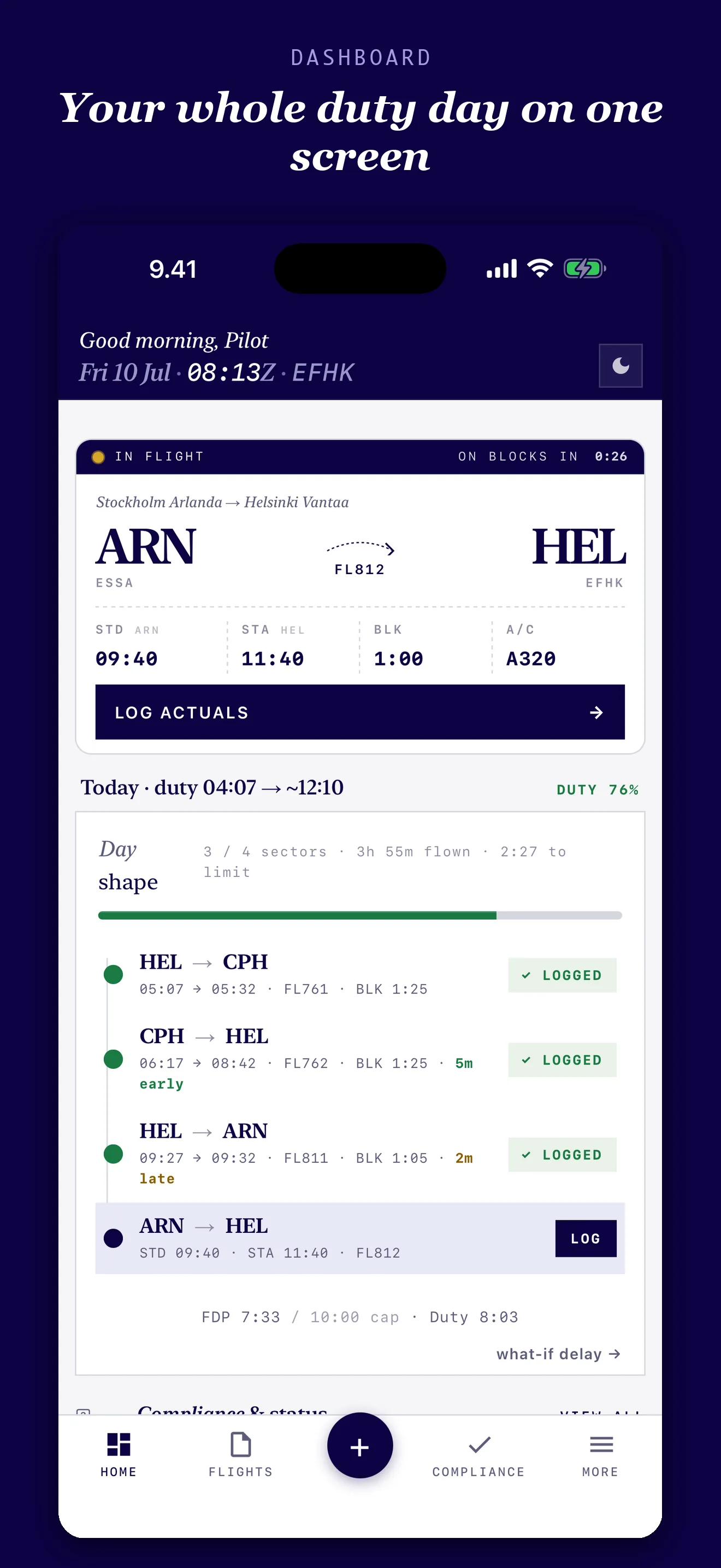 Logbird daily dashboard showing the current sector and the complete duty-day timeline