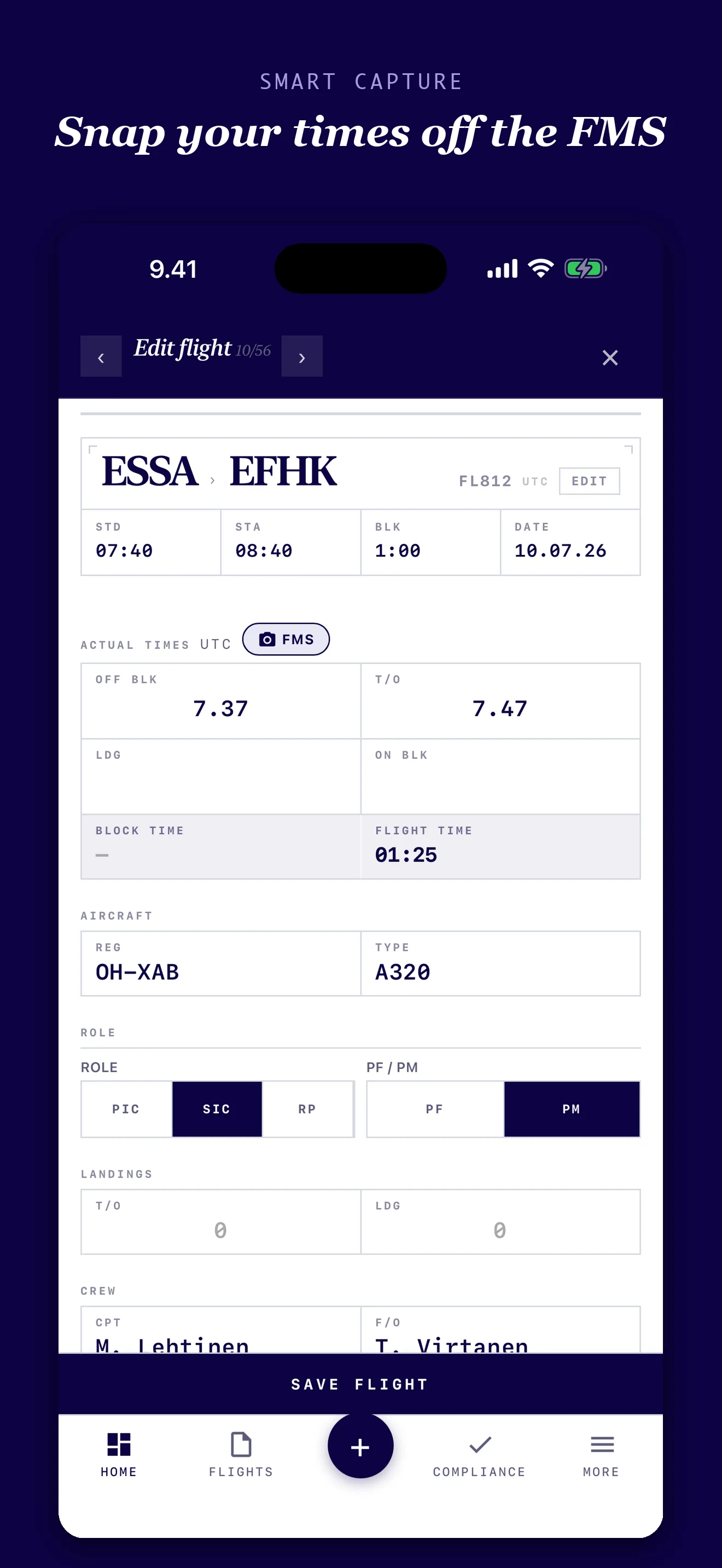Logbird flight entry screen with FMS smart capture for actual flight times