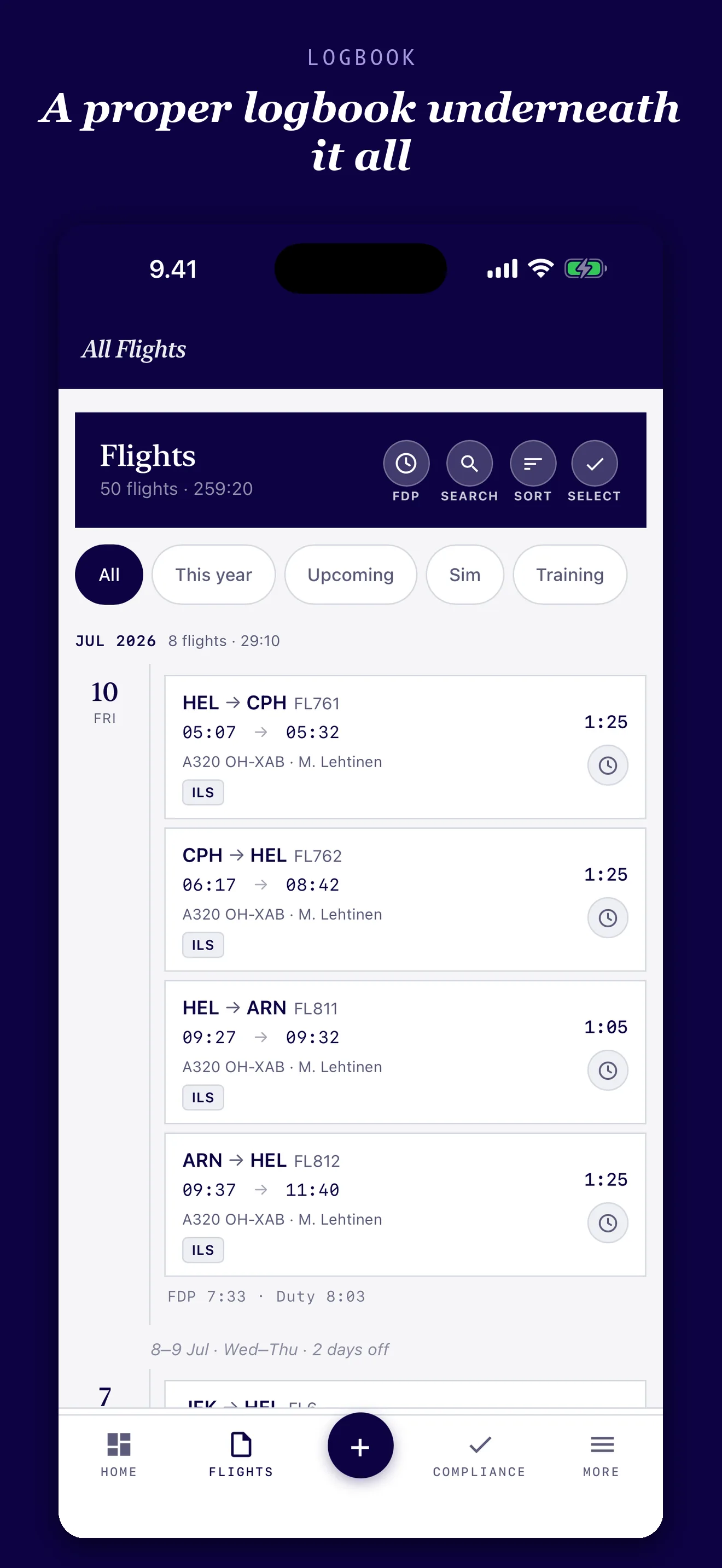 Logbird flight logbook showing searchable flight records and duty grouping